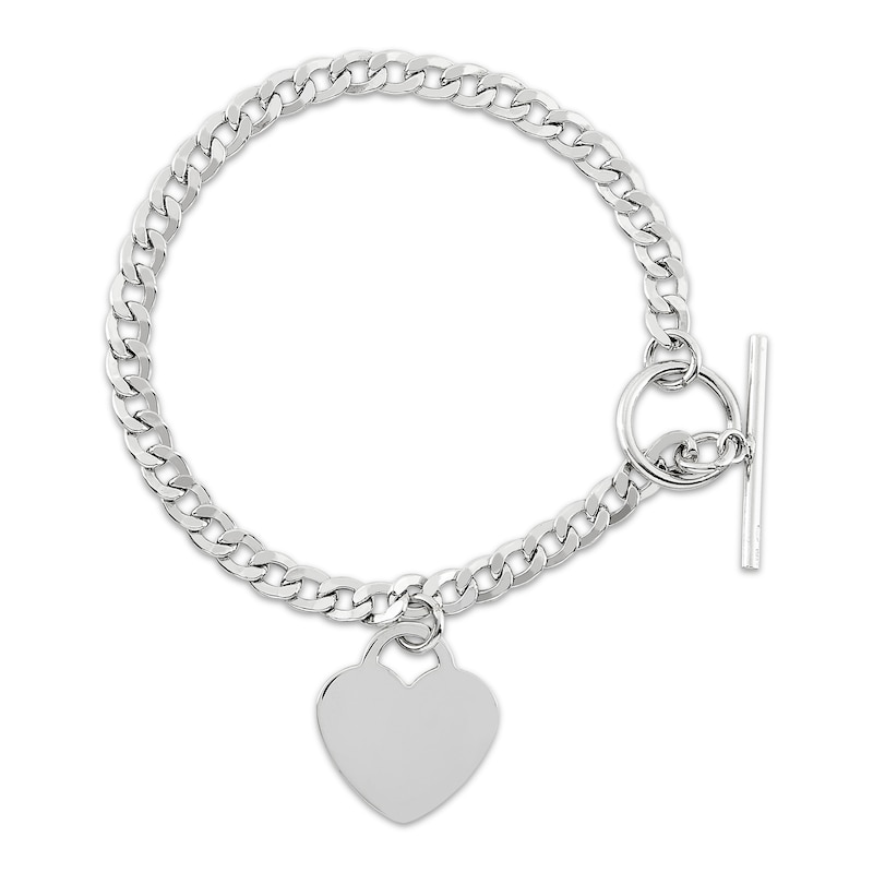 Main Image 1 of Solid Curb Chain Bracelet with Heart Charm Sterling Silver 7.5&quot;