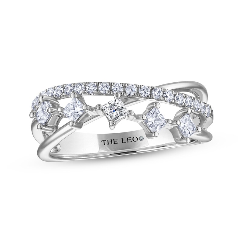 Main Image 1 of THE LEO Princess & Round-Cut Five-Stone Diamond Crossover Fashion Ring 5/8 ct tw 14K White Gold