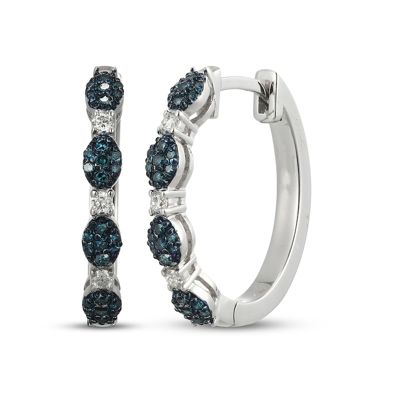 Main Image 1 of Blue & White Multi-Diamond Station Hoop Earrings 1/3 ct tw Sterling Silver