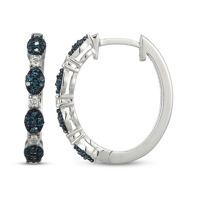 Main Image 3 of Blue & White Multi-Diamond Station Hoop Earrings 1/3 ct tw Sterling Silver