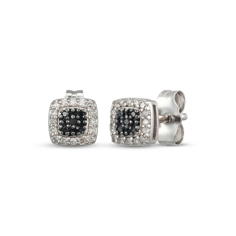 Main Image 1 of Black & White Multi-Diamond Cushion-Shaped Stud Earrings 1/8 ct tw Sterling Silver