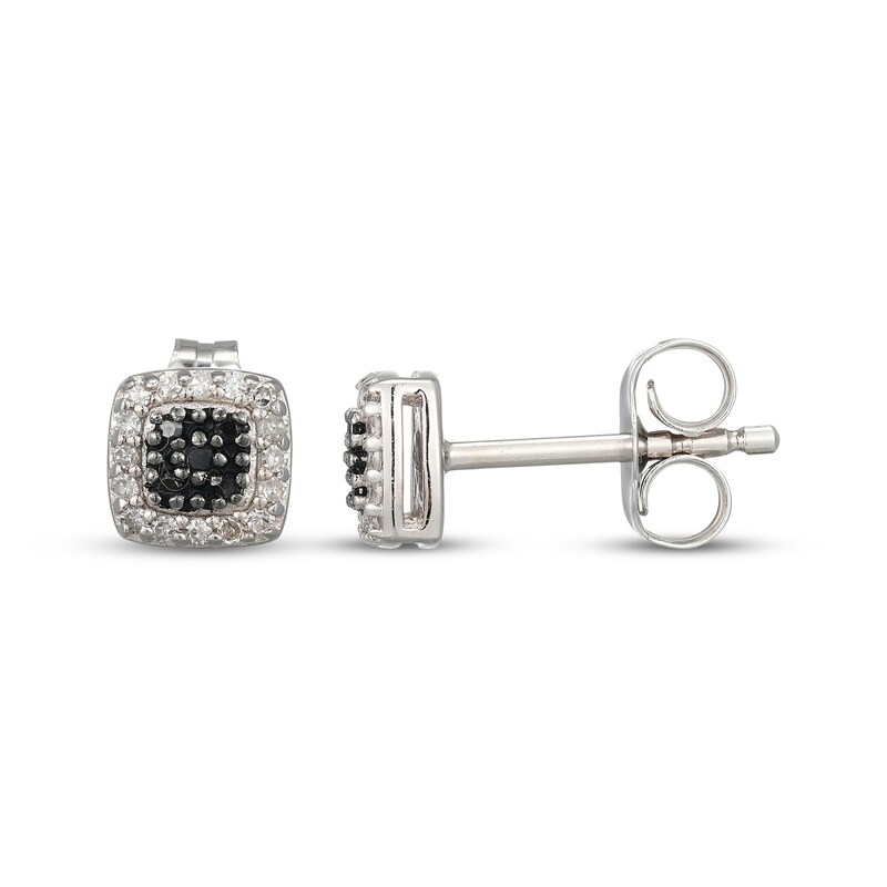 Main Image 3 of Black & White Multi-Diamond Cushion-Shaped Stud Earrings 1/8 ct tw Sterling Silver
