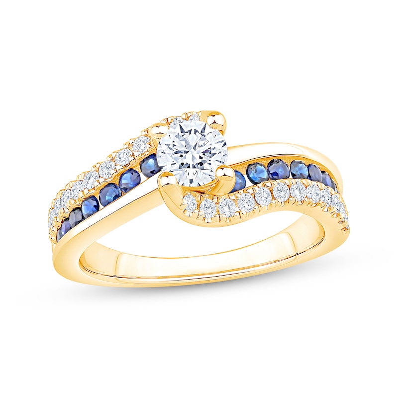 Main Image 1 of Now + Forever Round-Cut Diamond & Natural Blue Sapphire Bypass Engagement Ring 3/4 ct tw 14K Yellow Gold