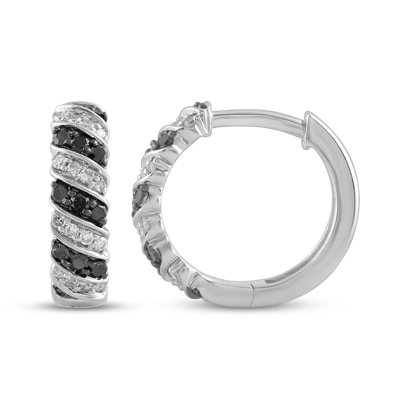 Main Image 3 of Black & White Diamond Diagonal Stripe Hoop Earrings 1/4 ct tw Sterling Silver