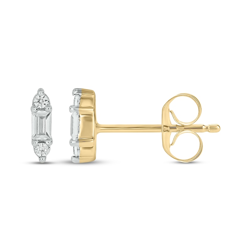 Main Image 1 of Baguette & Round-Cut Diamond Mini Stud Earrings 1/15 ct tw 10K Yellow Gold
