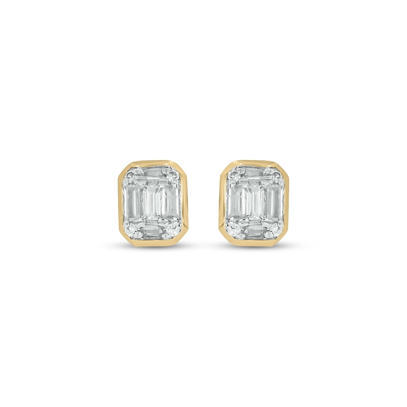 Main Image 2 of Baguette & Round-Cut Multi-Diamond Mini Stud Earrings 1/10 ct tw 10K Yellow Gold