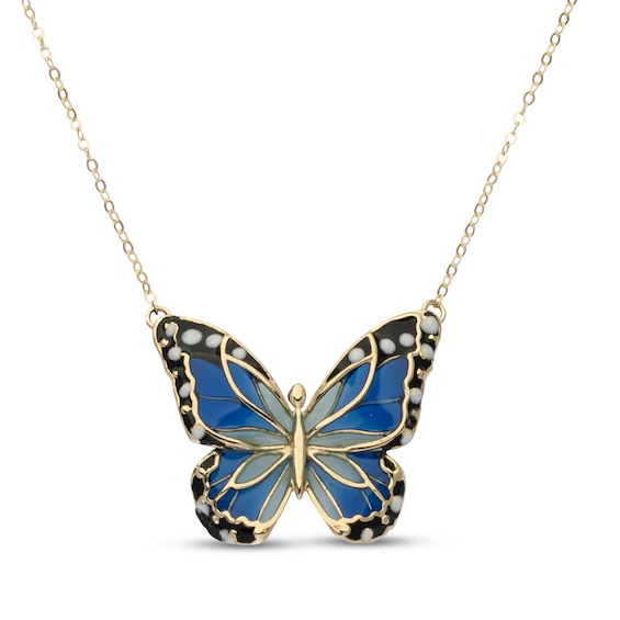 Enamel Butterfly Necklace 14K Yellow Gold 18"
