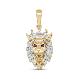 Men's Diamond & Lab-Created Ruby Lion Head With Crown Charm 1/6 ct tw 10K Yellow Gold
