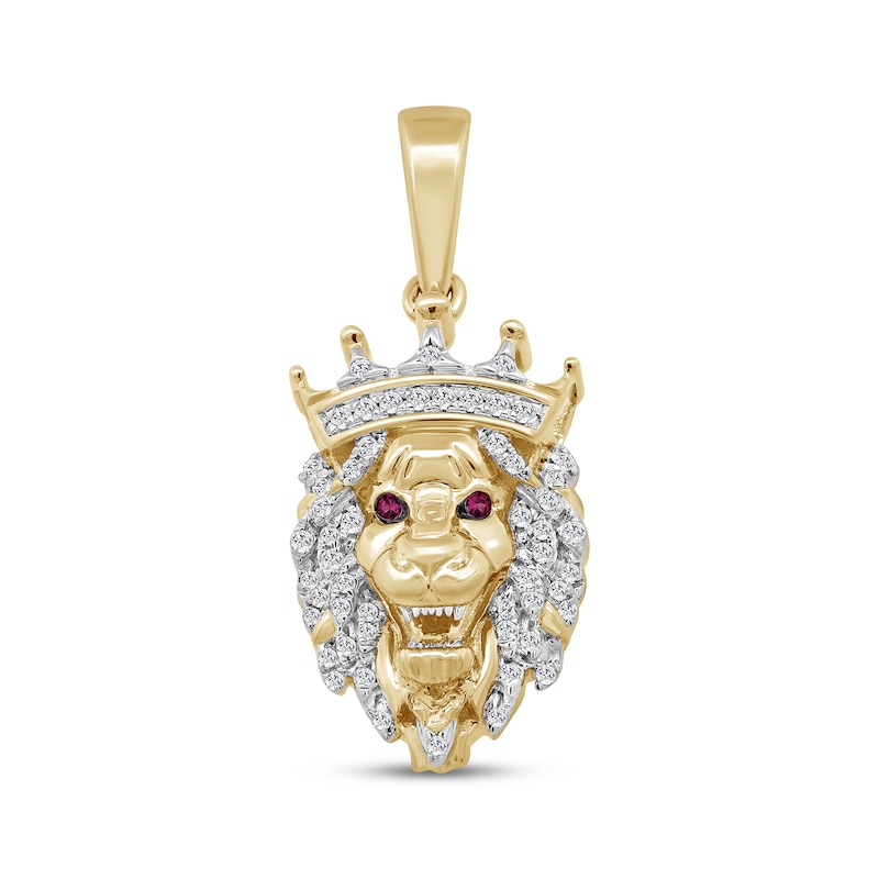 Main Image 1 of Men's Diamond & Lab-Created Ruby Lion Head With Crown Charm 1/6 ct tw 10K Yellow Gold
