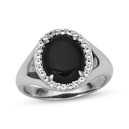 Oval-Cut Black Onyx & White Lab-Created Sapphire Halo Signet Ring Sterling Silver