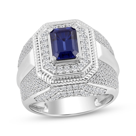 Men's Emerald-Cut Blue Lab-Created Sapphire & Diamond Ring 1 ct tw Sterling Silver