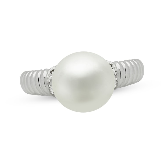 Cultured Pearl & Diamond Accent Ribbed Ring Sterling Silver