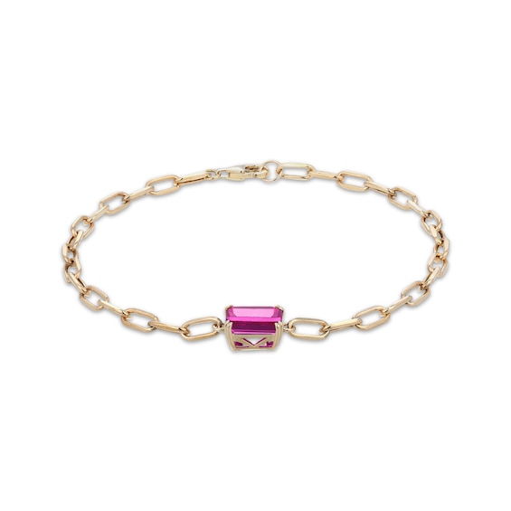 STUDIO BY KAY Emerald-Cut Pink Lab-Created Sapphire Solitaire Paperclip Chain Bracelet 24K Yellow Gold Vermeil Sterling Silver 7.25"