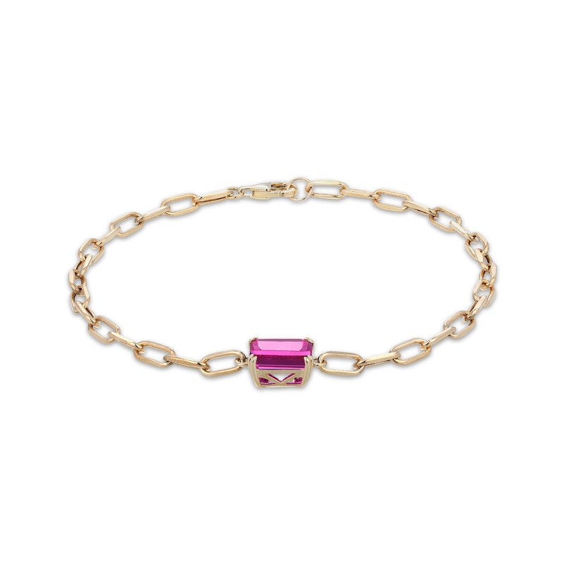 Main Image 1 of STUDIO BY KAY Emerald-Cut Pink Lab-Created Sapphire Solitaire Paperclip Chain Bracelet 24K Yellow Gold Vermeil Sterling Silver 7.25"