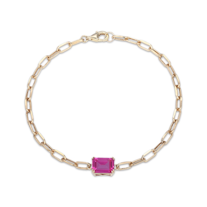 Main Image 2 of STUDIO BY KAY Emerald-Cut Pink Lab-Created Sapphire Solitaire Paperclip Chain Bracelet 24K Yellow Gold Vermeil Sterling Silver 7.25"