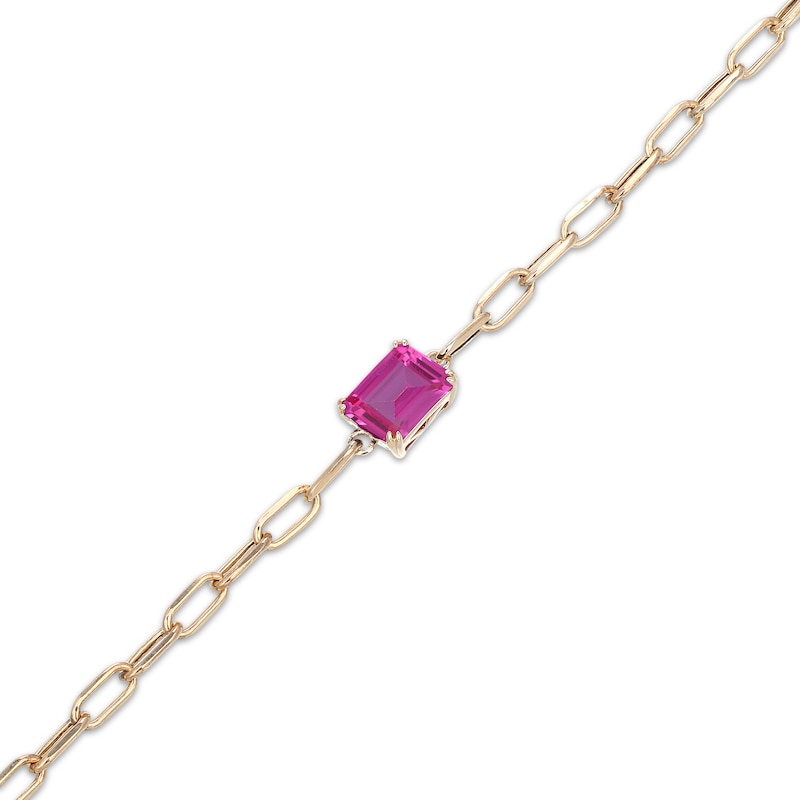 Main Image 3 of STUDIO BY KAY Emerald-Cut Pink Lab-Created Sapphire Solitaire Paperclip Chain Bracelet 24K Yellow Gold Vermeil Sterling Silver 7.25"