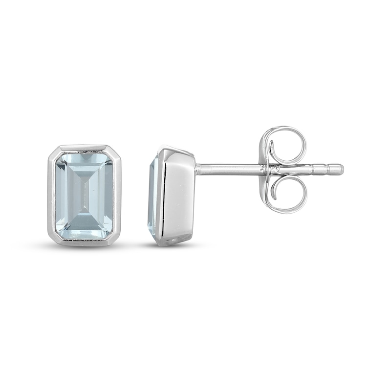Main Image 3 of STUDIO BY KAY Emerald-Cut Aquamarine Bezel-Set Solitaire Stud Earrings Sterling Silver