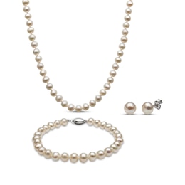 7mm Freshwater Cultured Pearl Strand Necklace, Bracelet & Stud Earrings Gift Set Sterling Silver