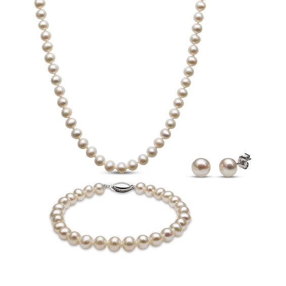 7mm Freshwater Cultured Pearl Strand Necklace, Bracelet & Stud Earrings Gift Set Sterling Silver
