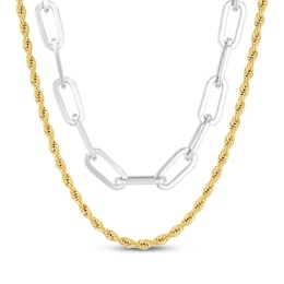 Layered Rope & Paperclip Chain Necklace Set Stainless Steel & Yellow Ion Plating