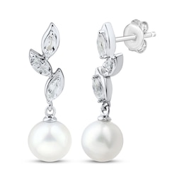 Cultured Pearl & White Lab-Created Sapphire Leaf Earrings Sterling Silver