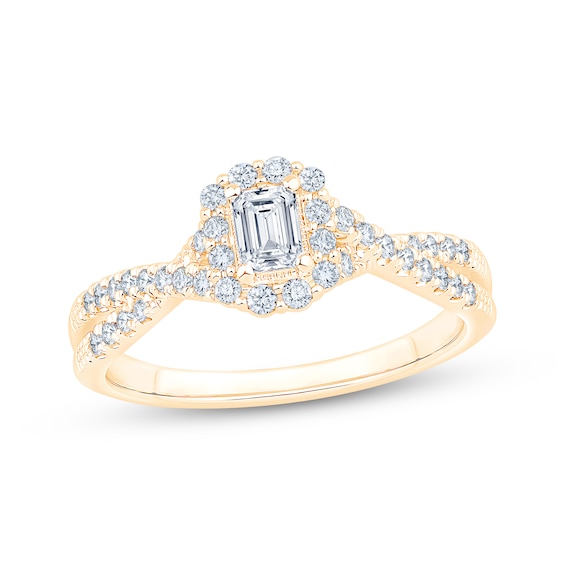 Now + Forever Lab-Grown Diamonds Certified Emerald-Cut Halo Engagement Ring 1/2 ct tw 14K Yellow Gold