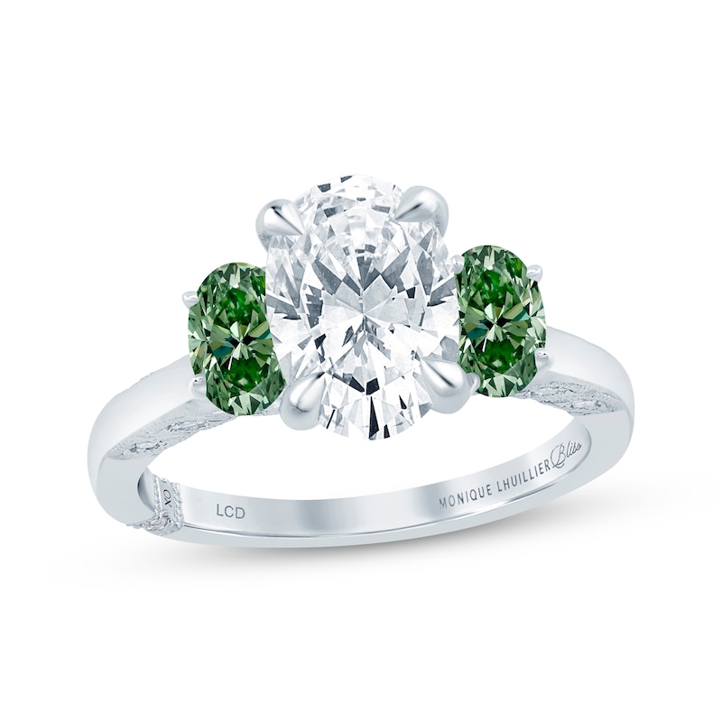Main Image 1 of Monique Lhuillier Bliss Oval-Cut White & Green Lab-Grown Diamond Three-Stone Engagement Ring 2-1/2 ct tw 18K White Gold