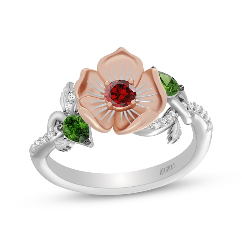 Main Image 1 of Wicked: For Good Garnet, Green Tourmaline & Lab-Grown Diamond Flower Ring 1/10 ct tw Sterling Silver & 18K Rose Gold Vermeil Plating