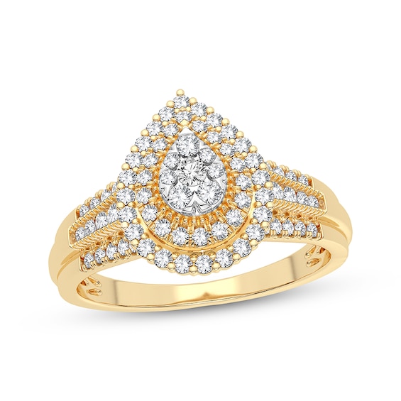 Now + Forever Multi-Diamond Center Pear Double Halo Engagement Ring 1/3 ct tw Round-cut 10K Yellow Gold