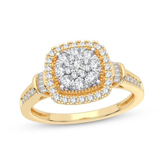 Now + Forever Multi-Diamond Center Cushion Engagement Ring 3/8 ct tw Round & Baguette-cut 10K Yellow Gold