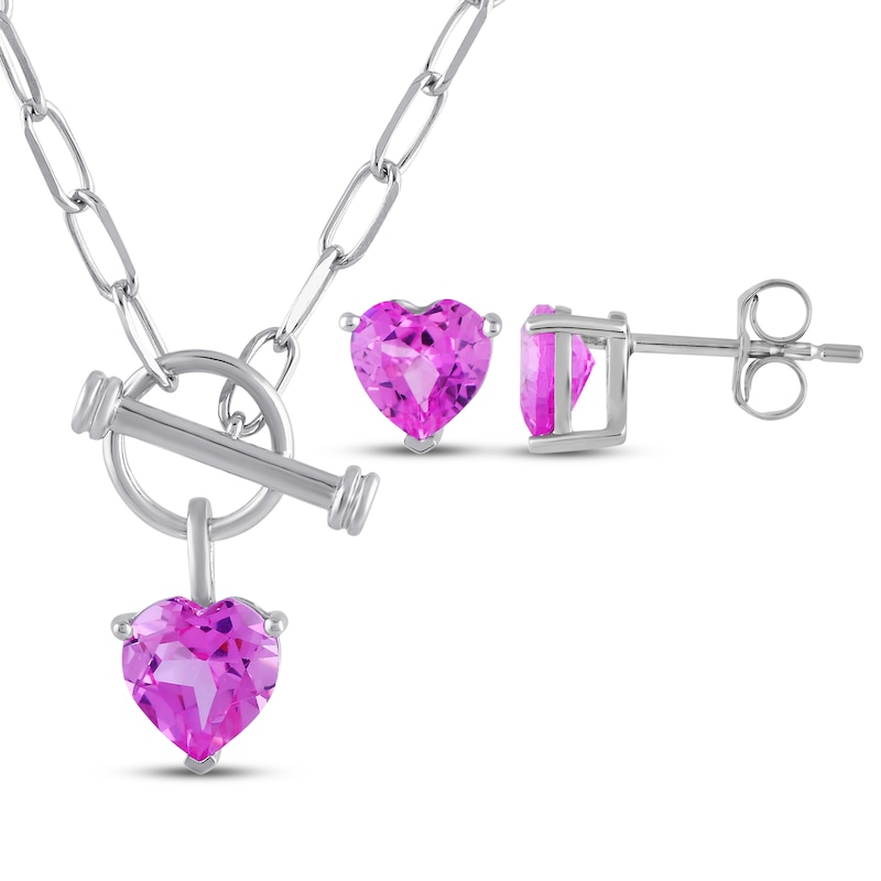 Main Image 1 of Heart-Shaped Pink Lab-Created Sapphire Stud Earring & Toggle Necklace Gift Set Sterling Silver