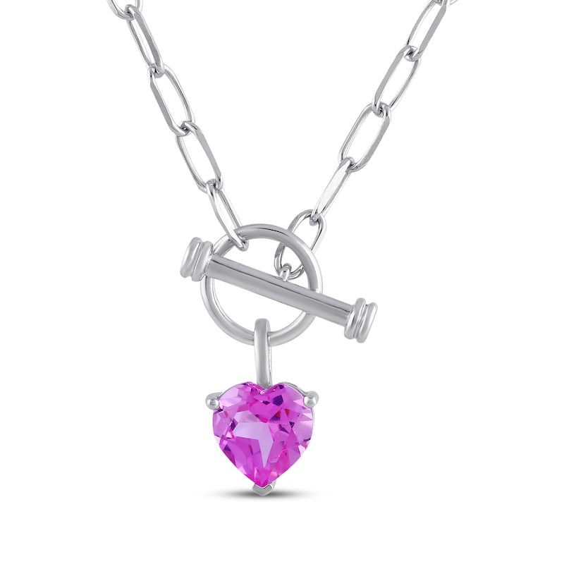 Main Image 2 of Heart-Shaped Pink Lab-Created Sapphire Stud Earring & Toggle Necklace Gift Set Sterling Silver