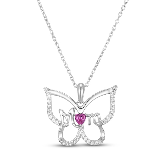Heart-Shaped Pink & White Lab-Created Sapphire Butterfly "Mom" Necklace Sterling Silver 18"