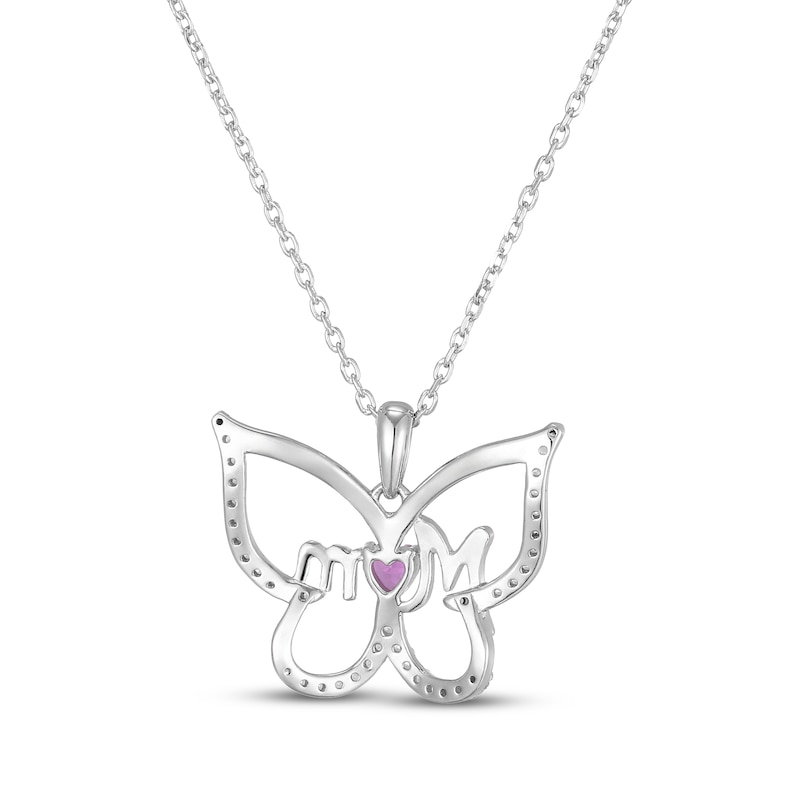 Main Image 3 of Heart-Shaped Pink & White Lab-Created Sapphire Butterfly "Mom" Necklace Sterling Silver 18"