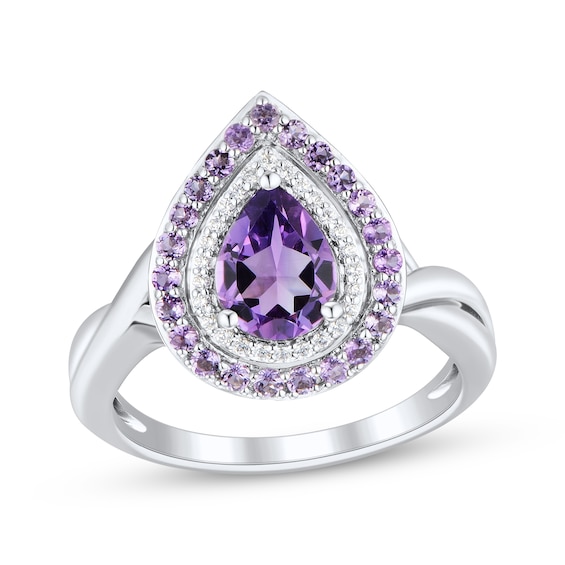 Pear-Shaped Amethyst & Diamond Double Halo Ring 1/10 ct tw Sterling Silver