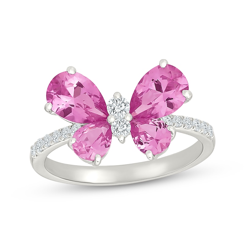 Main Image 1 of Pear-Shaped Pink Lab-Created Sapphire & White Lab-Created Sapphire Butterfly Ring Sterling Silver