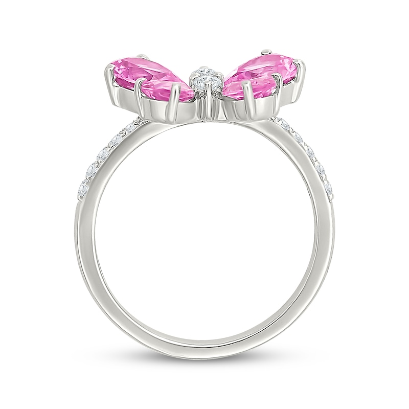 Main Image 3 of Pear-Shaped Pink Lab-Created Sapphire & White Lab-Created Sapphire Butterfly Ring Sterling Silver