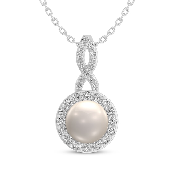 Cultured Pearl & White Lab-Created Sapphire Halo Twist Drop Necklace Sterling Silver 18"