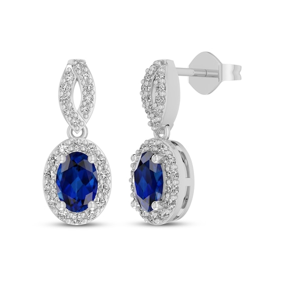 Oval-Cut Blue Lab-Created Sapphire & White Lab-Created Sapphire Halo Drop Earrings Sterling Silver