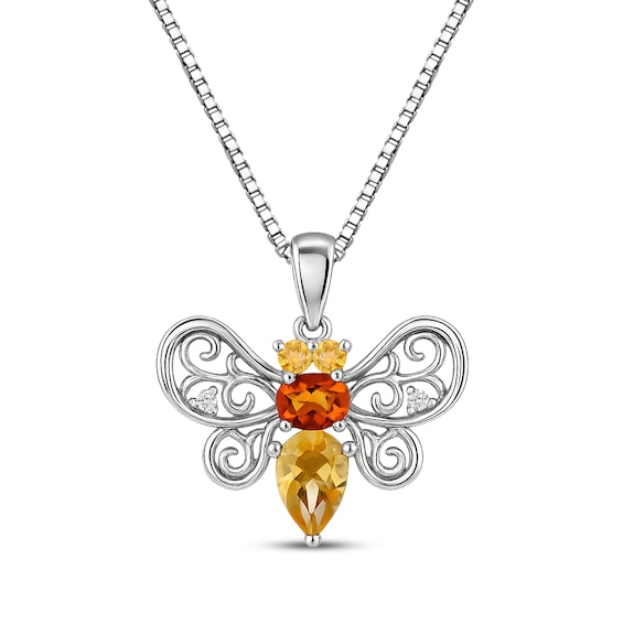 Citrine & White Topaz Bee Necklace Sterling Silver 18"