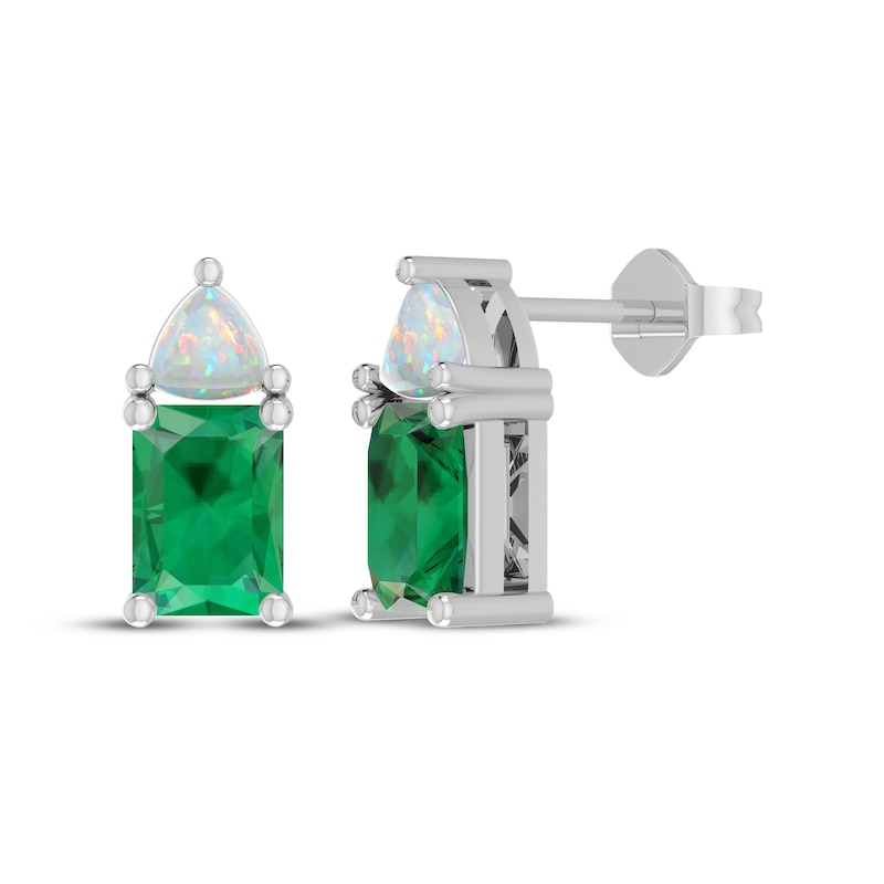 Main Image 1 of Octagon-Cut Lab-Created Emerald & Trillion-Cut Lab-Created Opal Stud Earrings Sterling Silver