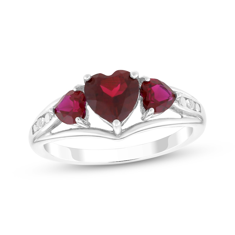 Main Image 1 of Heart-Shaped Lab-Created Ruby Trio & White Lab-Created Sapphire Ring Sterling Silver