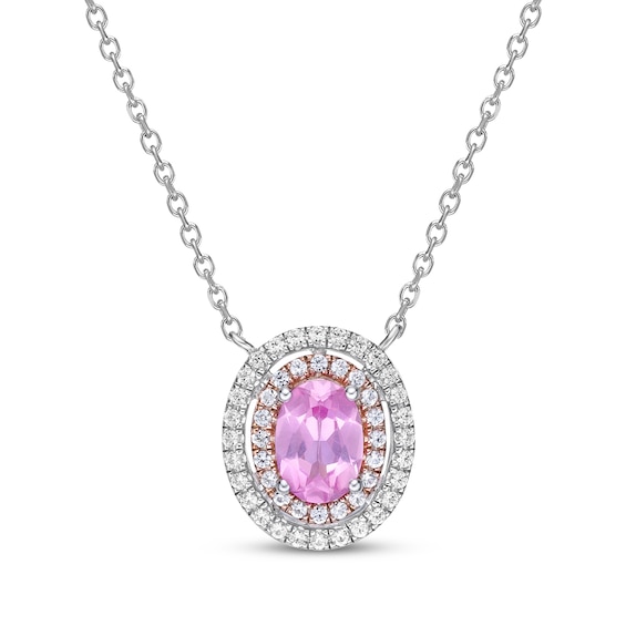 Kay Gems of Serenity Oval-Cut Pink & White Lab-Created Sapphire Halo Necklace Sterling Silver & 10K Rose Gold 18"