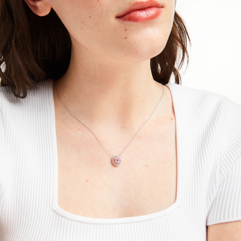 Gems of Serenity Oval-Cut Pink & White Lab-Created Sapphire Halo Necklace Sterling Silver & 10K Rose Gold 18"