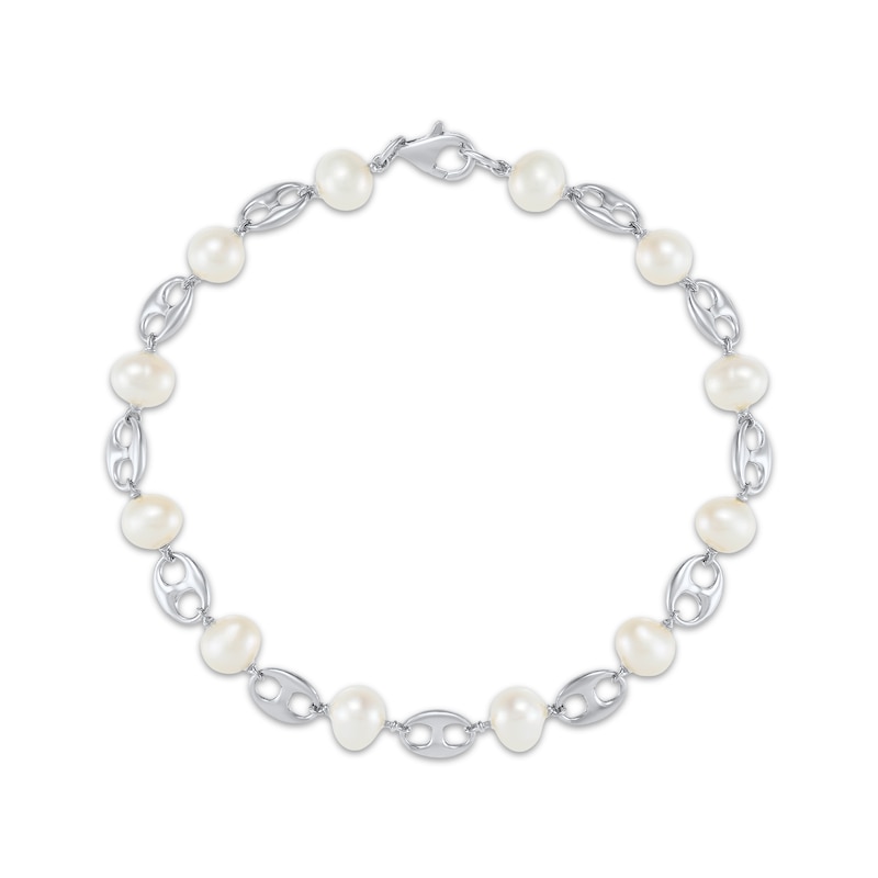Cultured Pearl & Mariner Link Bracelet Sterling Silver 7.5”