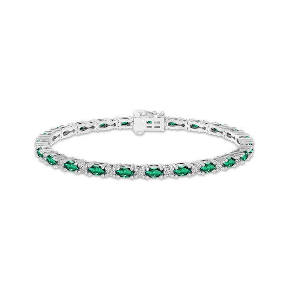 Oval-Cut Lab-Created Emerald & White Lab-Created Sapphire Link Bracelet Sterling Silver 7.25"