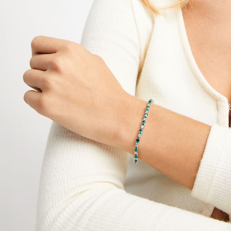 Main Image 2 of Oval-Cut Lab-Created Emerald & White Lab-Created Sapphire Link Bracelet Sterling Silver 7.25&quot;