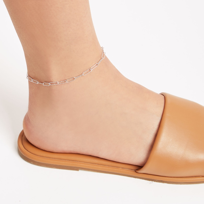 Main Image 3 of Diamond-Cut Glitter Paperclip Chain Anklet Solid Sterling Silver 9.75&quot;