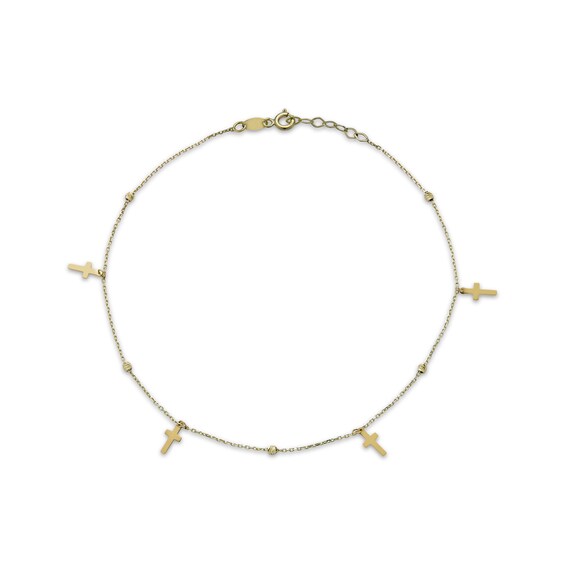 Cross Station Anklet Semi-Solid 10K Yellow Gold 10"