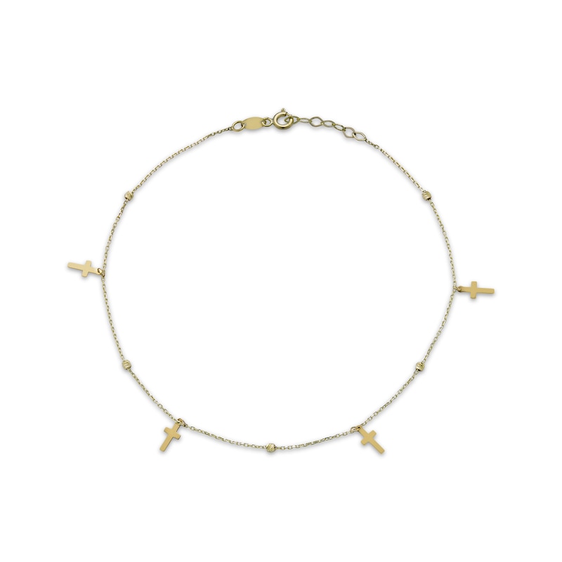 Semi-Solid Cross Station Anklet 10K Yellow Gold 10"